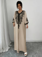 DJ0416020 Middle East Special V-Neck Positioning Print Elegant Long Dress Abaya - Apricot