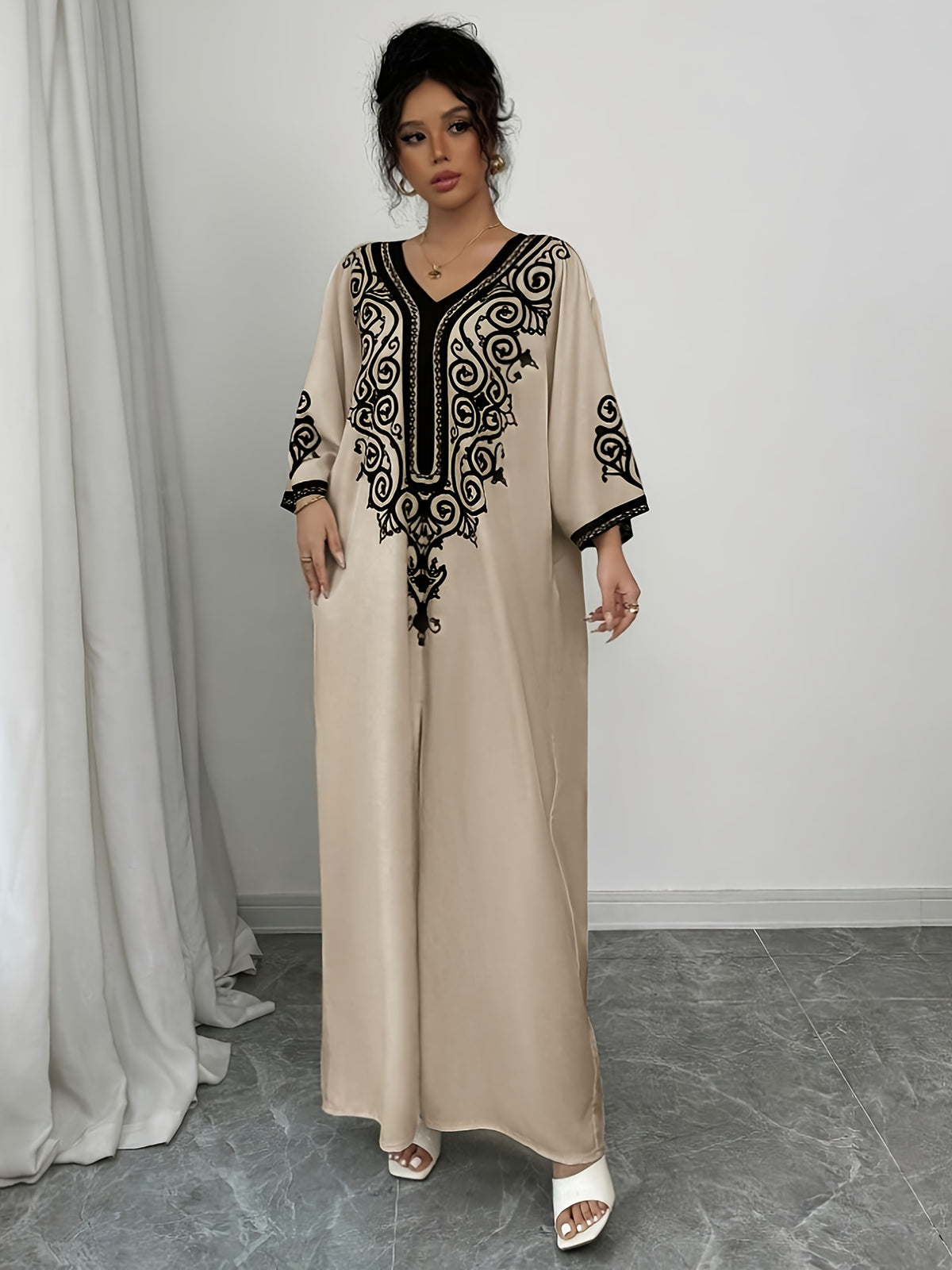 DJ0416020 Middle East Special V-Neck Positioning Print Elegant Long Dress Abaya - Apricot