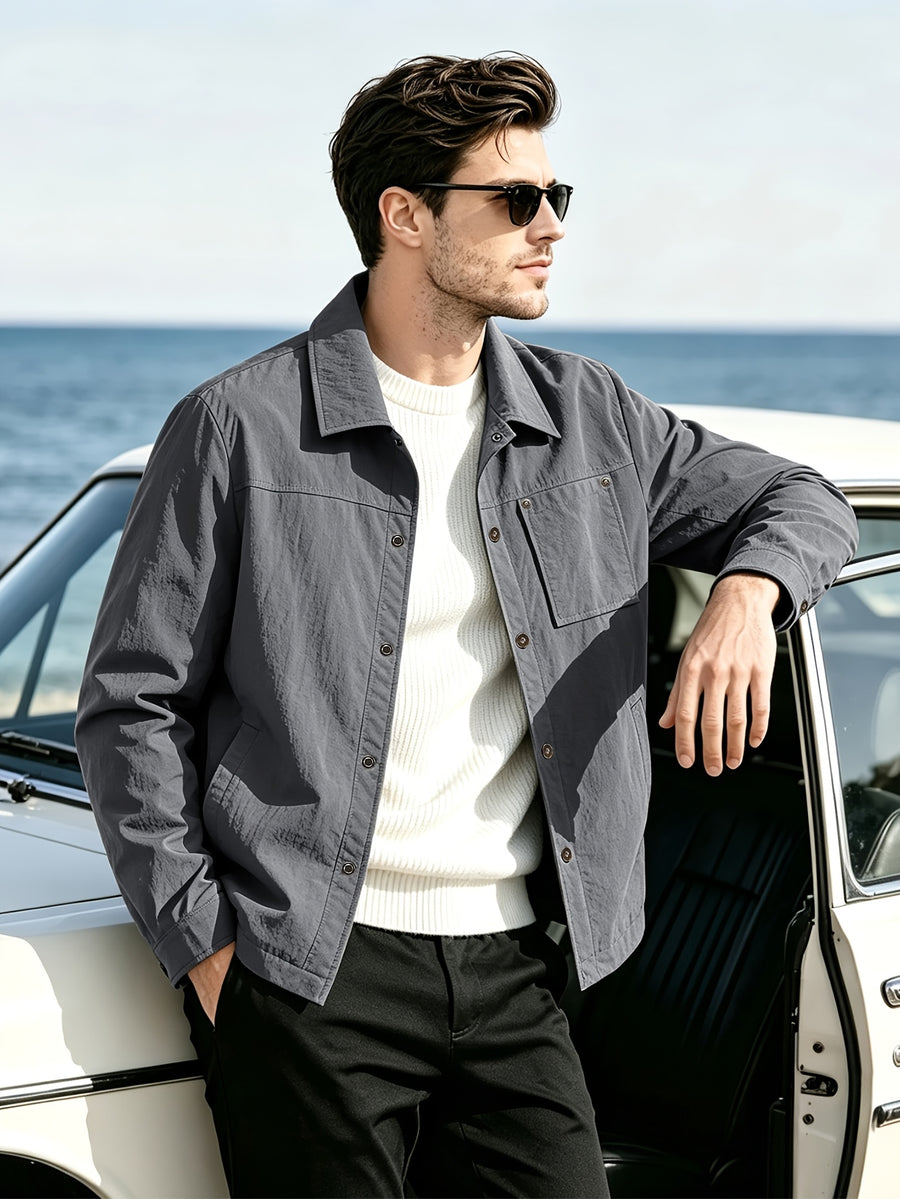 Back to School Season 1pc Men'S Lightweight Shirt Jacket, Button-Front with Chest Pocket And Double Side Pockets, Casual Techwear Style Spring Autumn Loose Fit Daily Commute Travel Outdoor Outerwear - Dark Gray