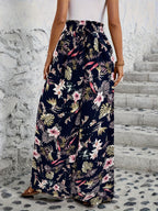 Women's Casual Elastic Waistband Printed Wide-Leg Pants - Black Print