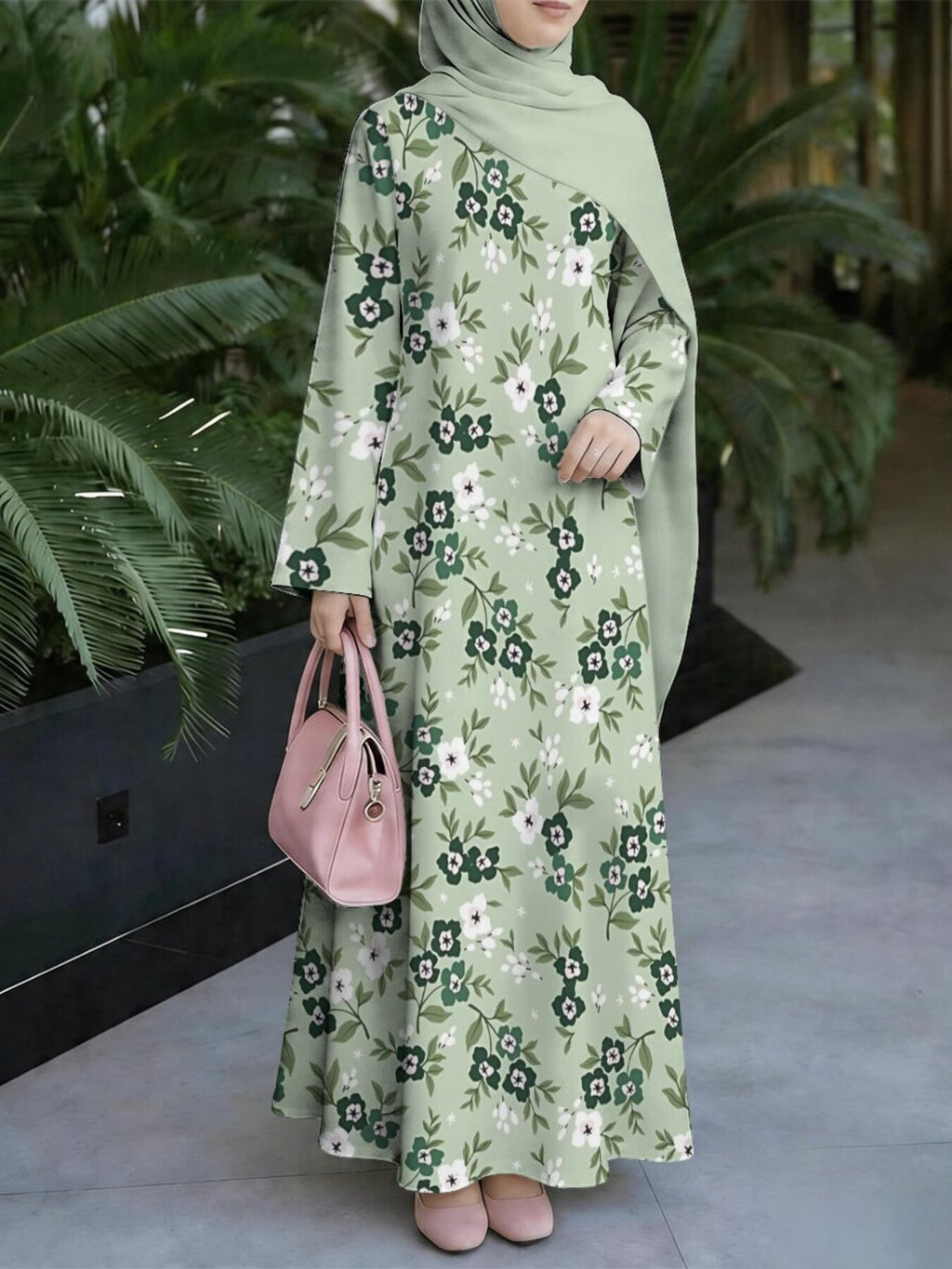 Women'S Middle Eastern Style Muslim Elegant Robe Dress, Suitable for Malaysian Dress, Indonesian Saudi Fresh Floral Muslim Long Skirt, Loose A-Line Long Sleeve Cut, Daily Prayer And Outing Wear, Non-Deformable Non-Embroidered Craft - Mixed colors