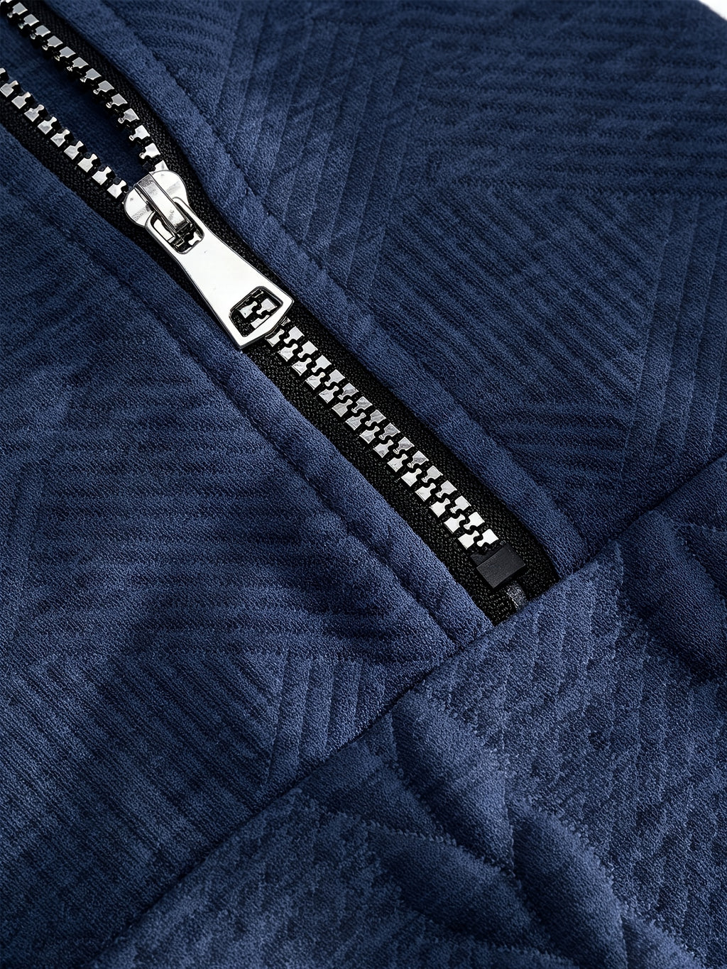 BOWZ Men's Knitted Top, Patchwork Design Stand Collar Sweatshirt with Zipper, Autumn/Winter Warm Sweater, Loose Fit, Suitable for Outdoor Vacations, Casual Sports, Random Jacquard Texture - Navy