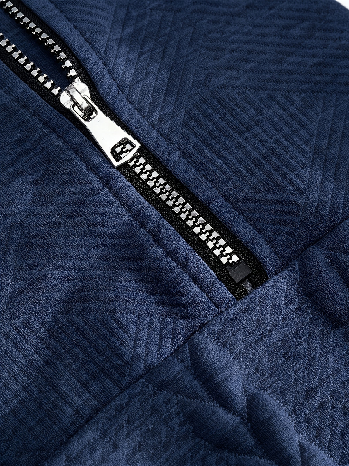 BOWZ Men's Knitted Top, Patchwork Design Stand Collar Sweatshirt with Zipper, Autumn/Winter Warm Sweater, Loose Fit, Suitable for Outdoor Vacations, Casual Sports, Random Jacquard Texture - Navy
