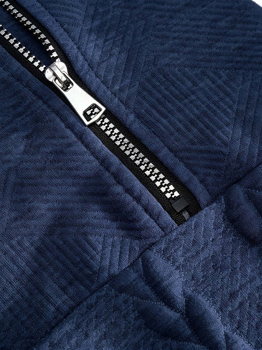 BOWZ Men's Knitted Top, Patchwork Design Stand Collar Sweatshirt with Zipper, Autumn/Winter Warm Sweater, Loose Fit, Suitable for Outdoor Vacations, Casual Sports, Random Jacquard Texture - Navy