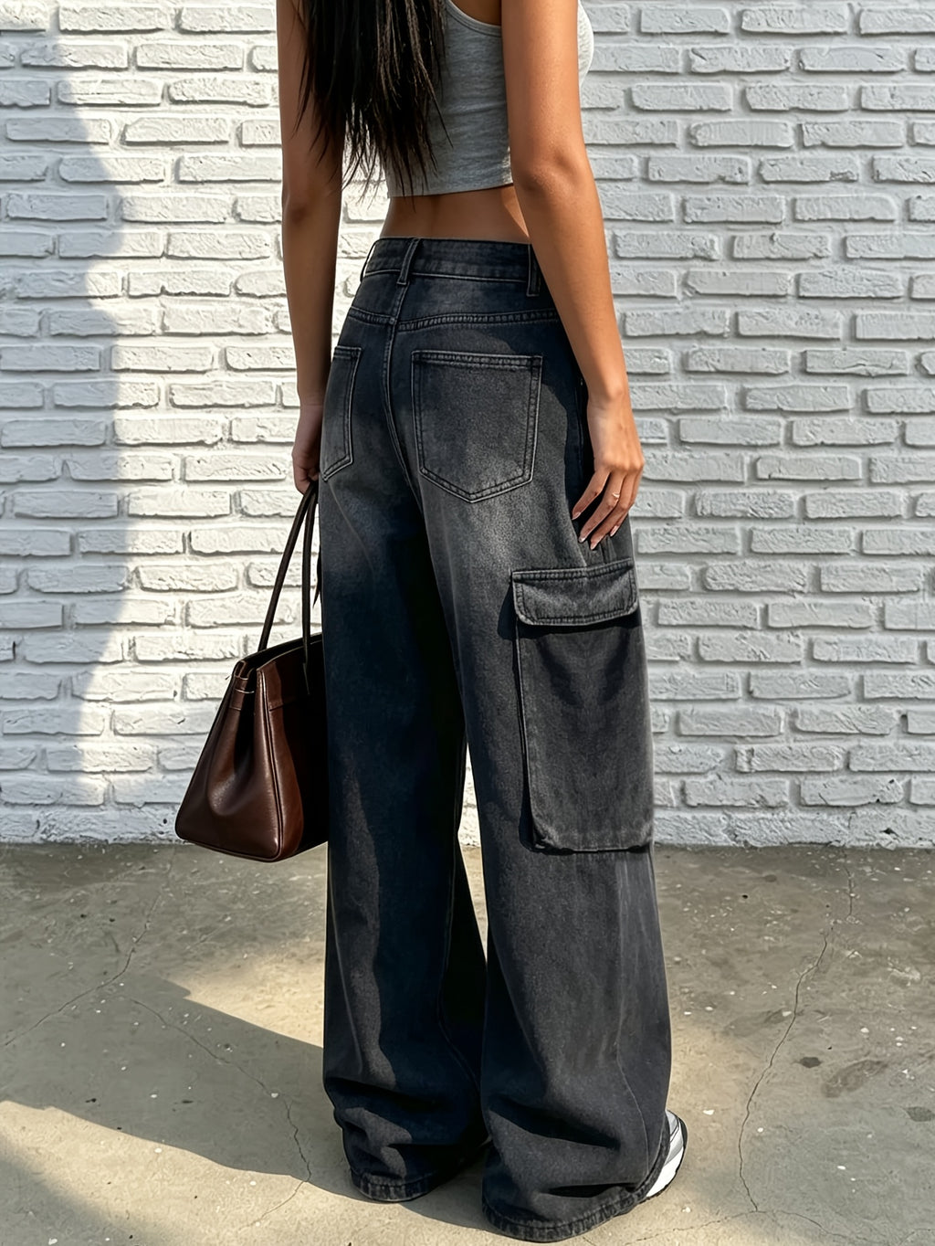Women'S Cargo Jeans, Hot Y2K Side Big Pocket Baggy Wide Leg Streetwear Denim Trousers - Black