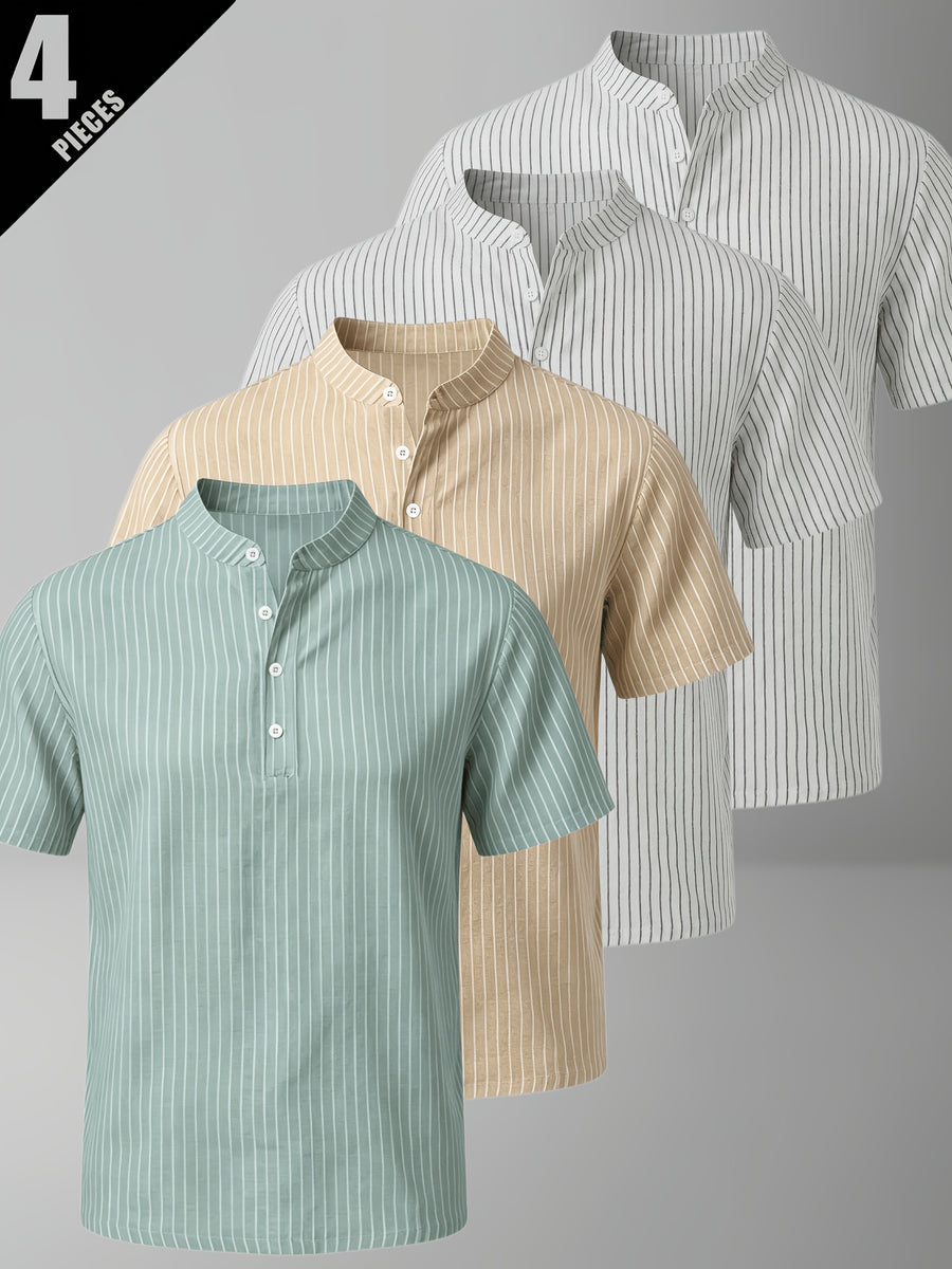 4pcs Men'S Casual Striped Linen Blend Henley Shirts, Breathable Short Sleeve Summer Tops, Suitable for Daily, Beach, And Vacation - Mixed Colors 15