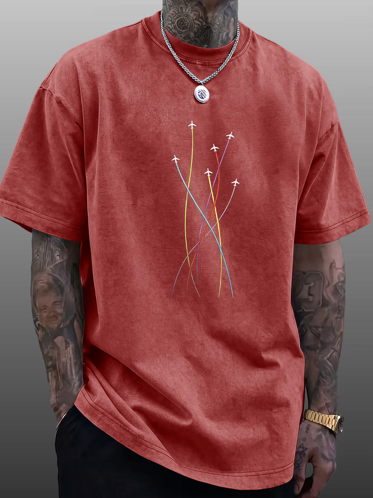 Men's Short-Sleeve T-Shirt, Pure Cotton Loose Fit Half-Sleeve Top, Washed Distressed Colorful Airplane Route Lines, Trendy Reversible Double-Sided Print, Multiple Colors for  Mix & Match, American Streetwear Hip-Hop High Street Style, for Daily - Burgundy