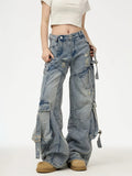 Spring Summer New American High Street Deconstructed Cargo Style Wide Leg Jeans, High Waist Double Button Design And Ultra Loose Wide Leg Scimitar Pants Style, Deconstructed Patchwork Cut Style, Multi-Pocket Cargo Women'S Jeans Long Trousers - Sea Blue