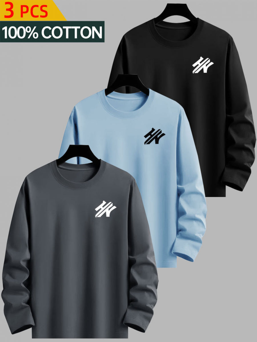 3-Pc - 100%, Men'S Long Sleeve T-Shirt for Spring And Autumn, Creative Print Pattern, Black/White/Blue/Gray - Color, Fabric Wear, Comfortable And Suitable As a Holiday Gift - Combination Color 3