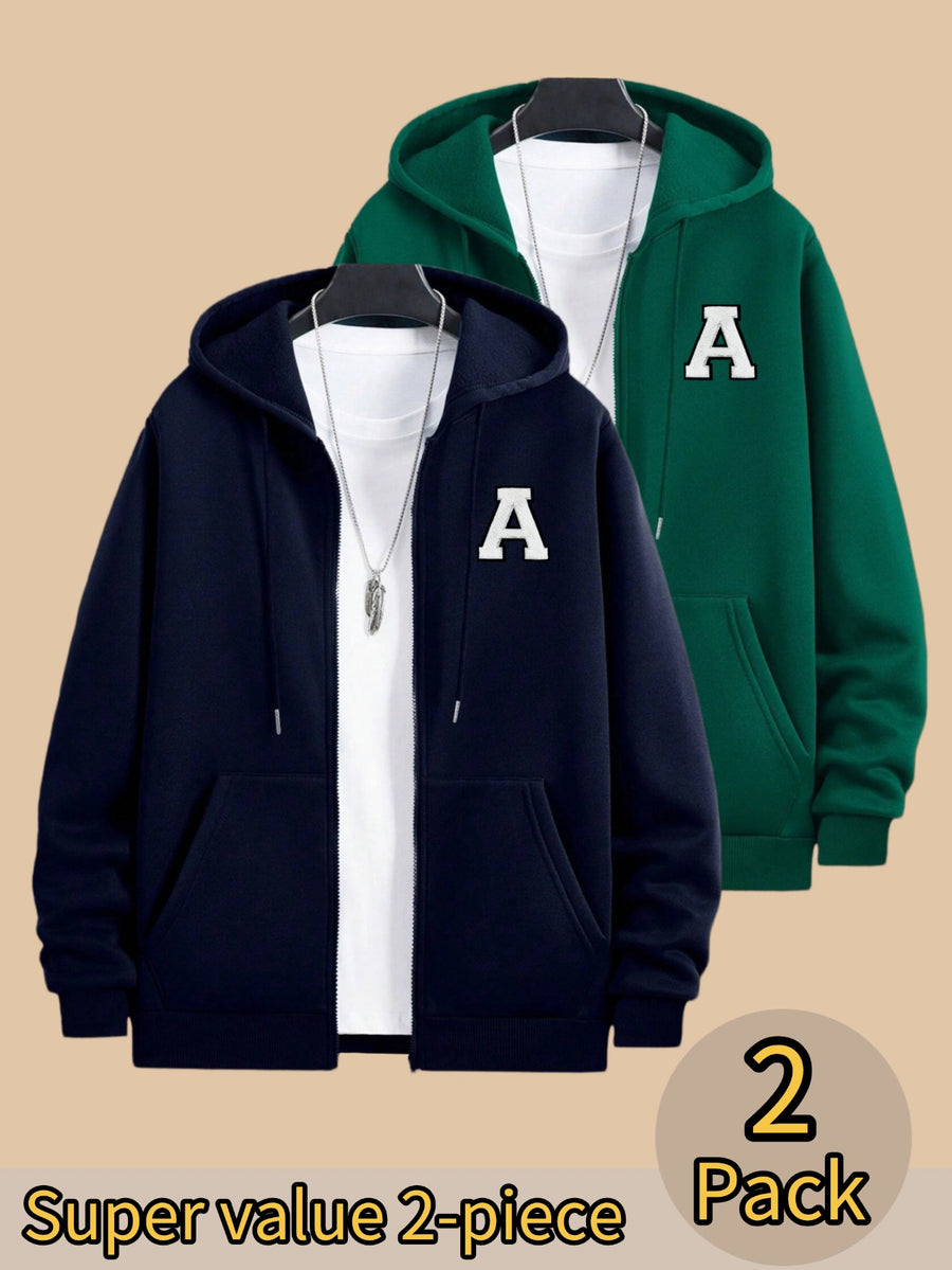 50% Cotton, 50% Polyester, 2-Pack Men's Zippered Hooded Fleece-Lined Sweatshirt, Men's Clothing, Long-Sleeve Fleece Jacket, Zippered Top, Hooded Sweatshirt, Pockets, Drawstring, Suitable for Outings, Casual Wear, Back-to-School Season - Navy Blue+Green