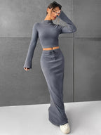 Spring and Autumn Solid Color Half Skirt Long Sleeve Top, Fashionable 2pcs Set for Women - Dark Gray