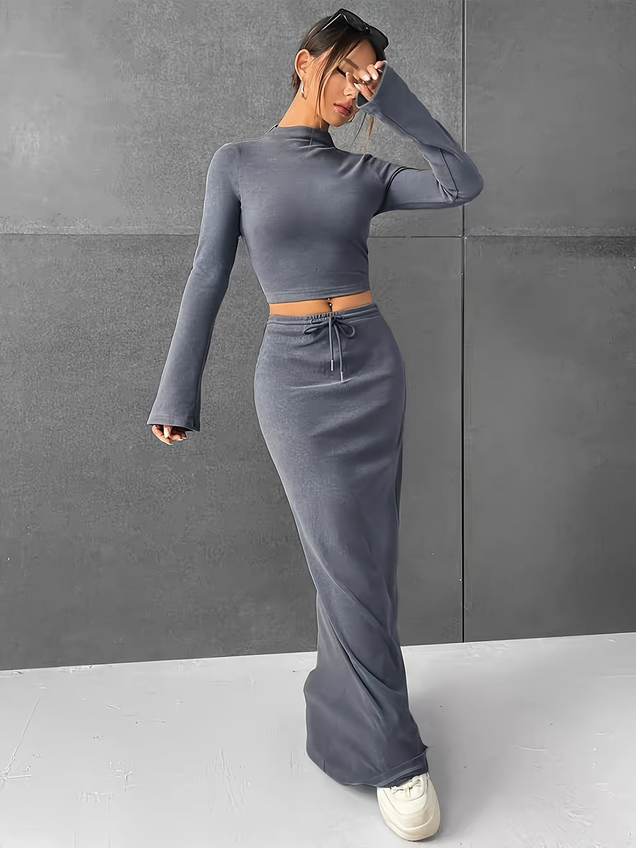 Spring and Autumn Solid Color Half Skirt Long Sleeve Top, Fashionable 2pcs Set for Women - Dark Gray