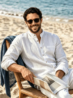 Men's Lightweight Breathable Linen Shirt with Stand-Up Collar & Roll-Up Sleeves - Retro Button-Front Suitable for Beach Vacation, Commuting, Casual Wear, Symmetrical Pleats, Single Pocket, Machine Washable Summer Top (Gift Selection) - White