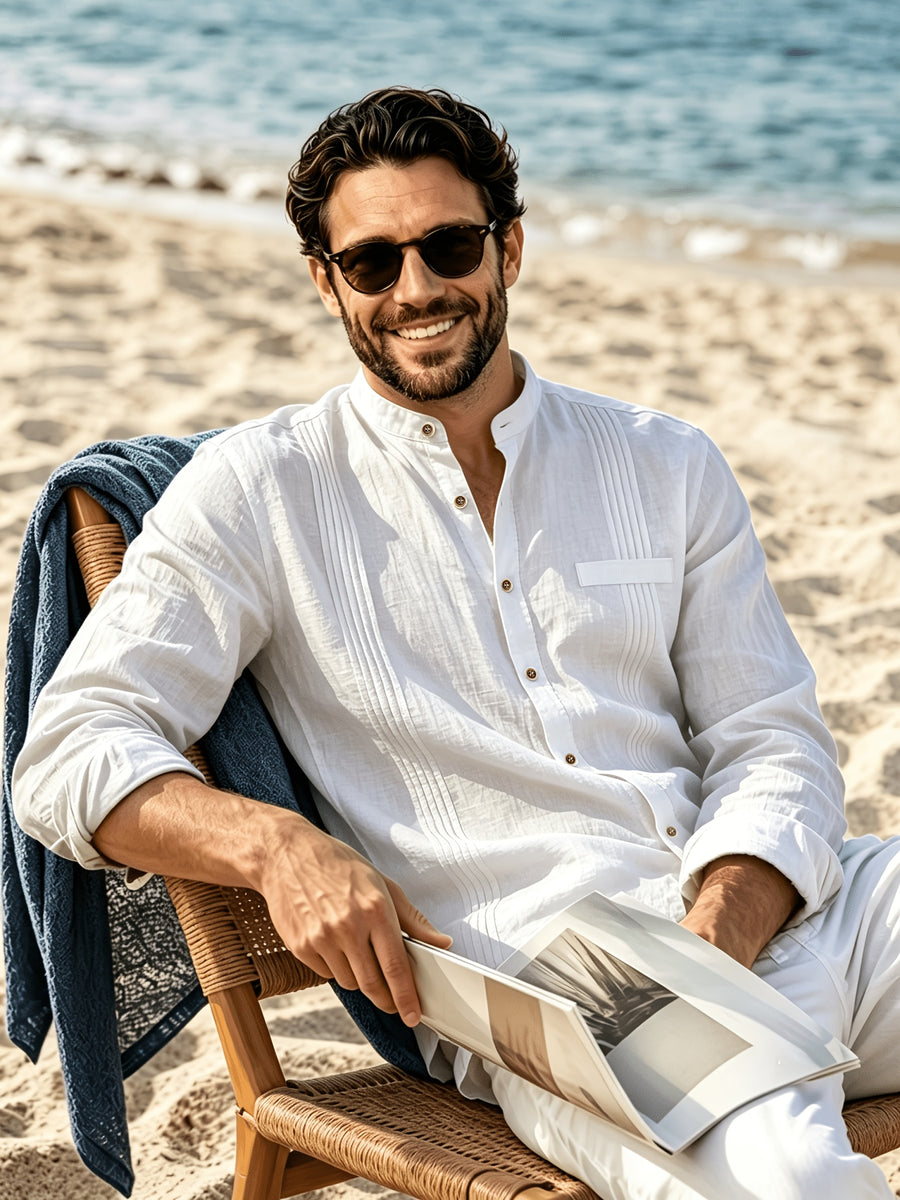 Men's Lightweight Breathable Linen Shirt with Stand-Up Collar & Roll-Up Sleeves - Retro Button-Front Suitable for Beach Vacation, Commuting, Casual Wear, Symmetrical Pleats, Single Pocket, Machine Washable Summer Top (Gift Selection) - White