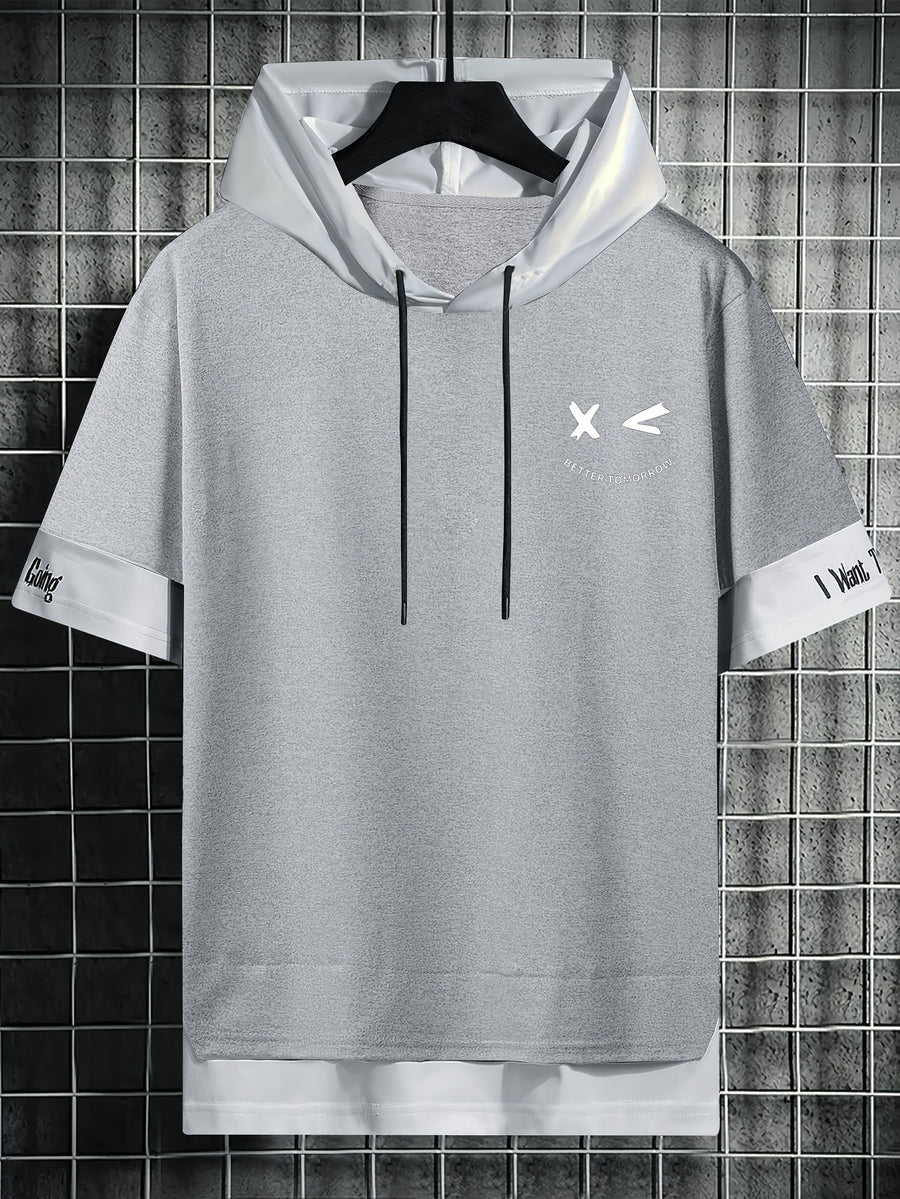 Men'S Color-Block Contrast Hooded Short Sleeve T-Shirt, English Letter Print, Short Sleeve Faux Two-Piece Streetwear, Trendy Fashion Versatile Street Casual Hong Kong Style Outfit, Casual Leisure All-Match T-Shirt, Suitable for Summer - Heather Grey