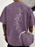 Men 100% Washed Distressed Crew Neck Short-Sleeve T-Shirt, Sketch Lightning Graphic Position Double-Sided Print, Trendy Loose Casual Tee Tops, 12 Colors Available - Purple