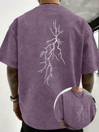 Men 100% Washed Distressed Crew Neck Short-Sleeve T-Shirt, Sketch Lightning Graphic Position Double-Sided Print, Trendy Loose Casual Tee Tops, 12 Colors Available - Purple