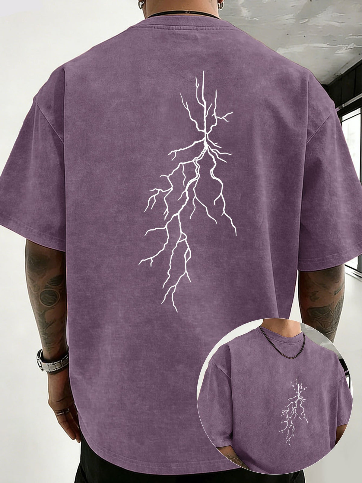 Men 100% Washed Distressed Crew Neck Short-Sleeve T-Shirt, Sketch Lightning Graphic Position Double-Sided Print, Trendy Loose Casual Tee Tops, 12 Colors Available - Purple