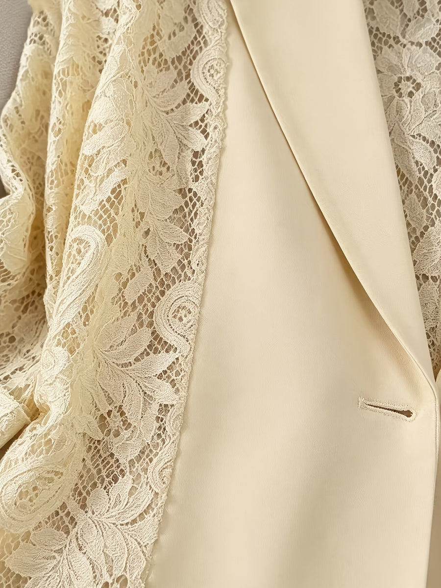 Women'S Thin Patchwork Lace Lightweight Suit Design Casual Temperament Three-Quarter Sleeve Casual Lapel Suit Top - Yellow