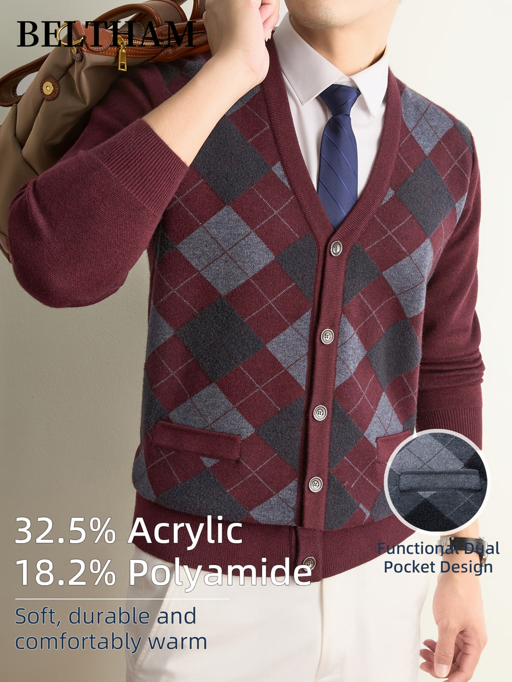 New Autumn Winter Men Thick Knit Cardigan, Ideal Gift for Dad & Husband, Button Design with Pockets, Cold Resistant Warm Sweater, Minimal Elegant Versatile Knit Cardigan Coat for Daily Outdoor Business Casual Camping Wear - Burgundy