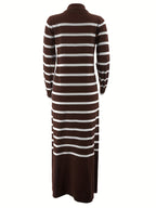 Ladies Middle Eastern Muslim Striped Dress - Coffee Color