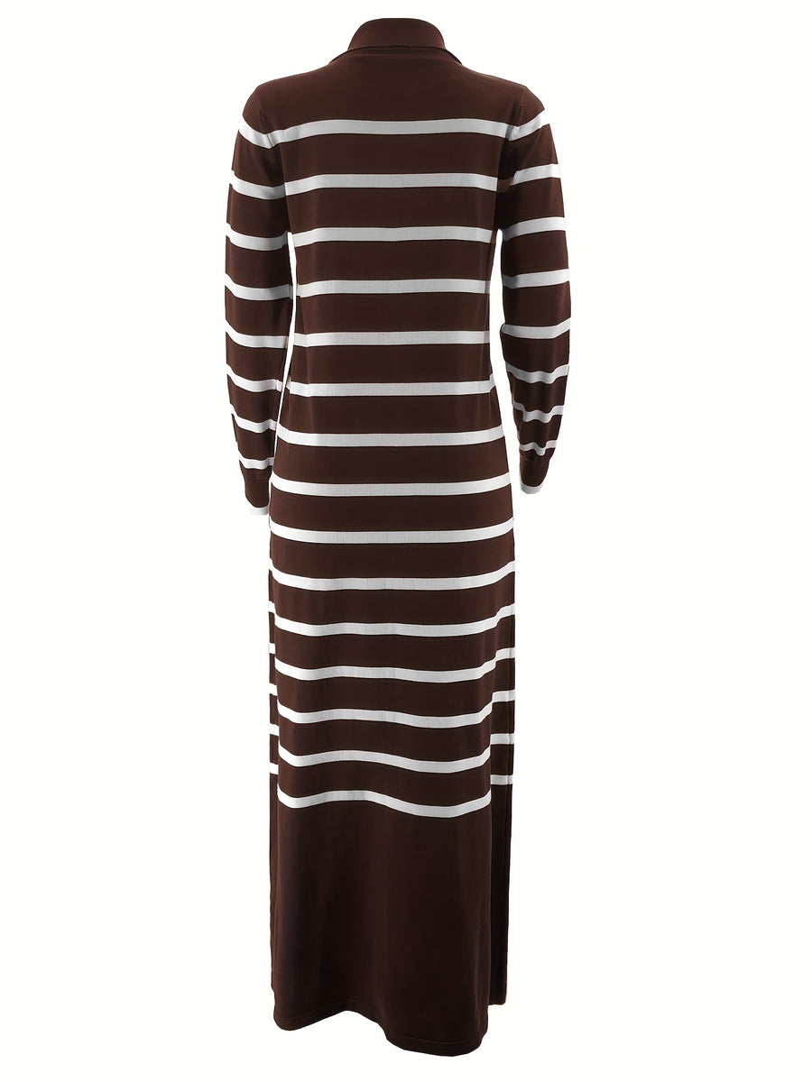 Ladies Middle Eastern Muslim Striped Dress - Coffee Color