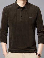 New Autumn Collection: Men's High-GSM Solid Color Textured Vertical Stripe Lapel Top for Commuting, Business, and Casual Wear - Knitted T-Shirt Polo Shirt - Olive Green