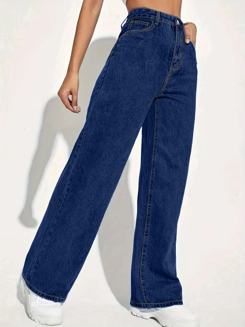 Fashionable Casual Straight-cut Jeans with Pockets, Street Style, Elastic, Women's Long Pants Clothing - Deep Blue