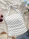 Women's Fashion Casual Floral Black Polka Dot Pattern Halter Neck Cropped Bodycon Tank Top for Summer Vacation - Ivory White