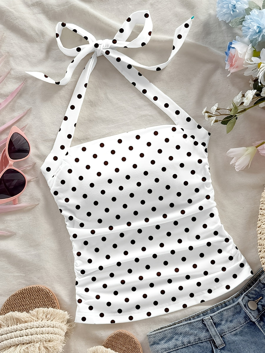 Women's Fashion Casual Floral Black Polka Dot Pattern Halter Neck Cropped Bodycon Tank Top for Summer Vacation - Ivory White
