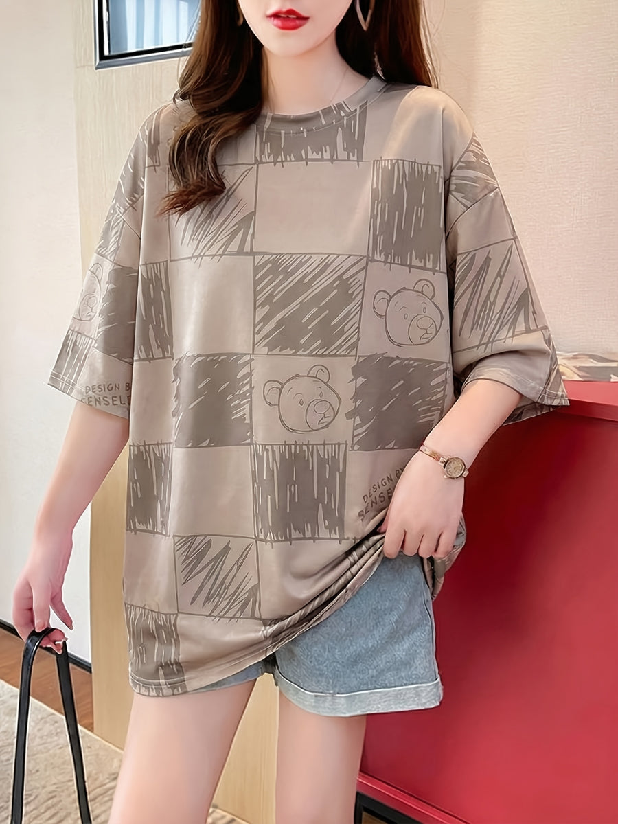 New Summer Collection of Plus-Size Loose-Fitting Stylish Cartoon Print Women'S Mid-Length Short-Sleeve T-Shirts - 228-K