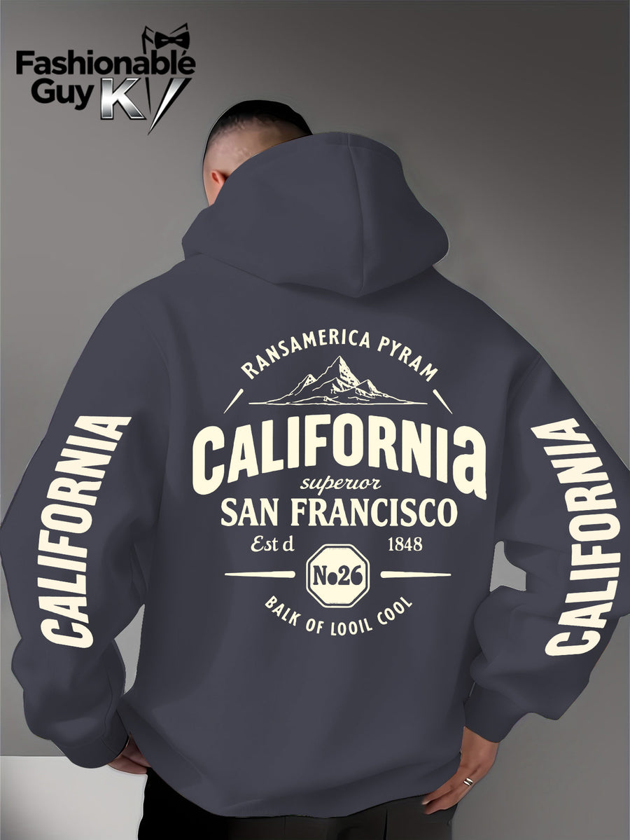 Hooded Sweatshirt with Street Culture Symbols: Featuring a "CALIFORNIA" Print That Embodies the Grandeur of the Wilderness and the Pioneering Spirit, This Sweatshirt Serves as an Exclusive Symbol for Street Culture Enthusiasts to Connect - Dark Gray