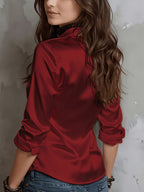 Women'S All-Season Temperament Commuter Satin Shirt - Burgundy