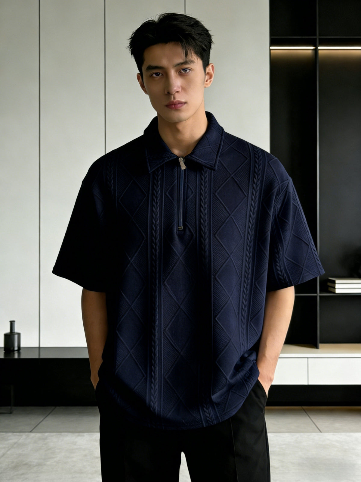 Men'S Summer New Premium Loose Short Sleeve Half-Zip Collar Polo Shirt Jacquard Short Sleeve T-Shirt - Navy Color