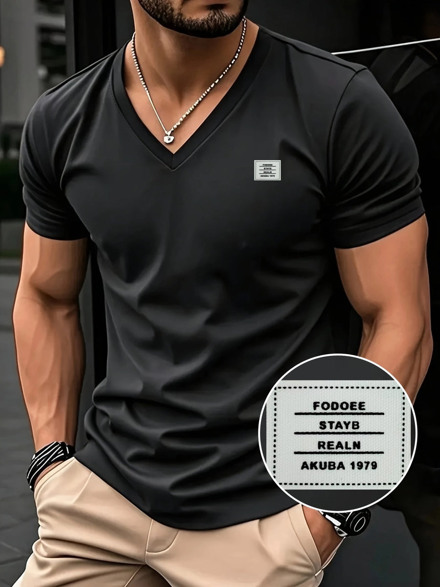 180G100C Men'S V-Neck Solid Color Short Sleeve Shirt, Placement Left Chest Patch "FODOEE" Summer Global Seasons Base Layer Factory Made Men'S Man Comfortable High Quality High - Black