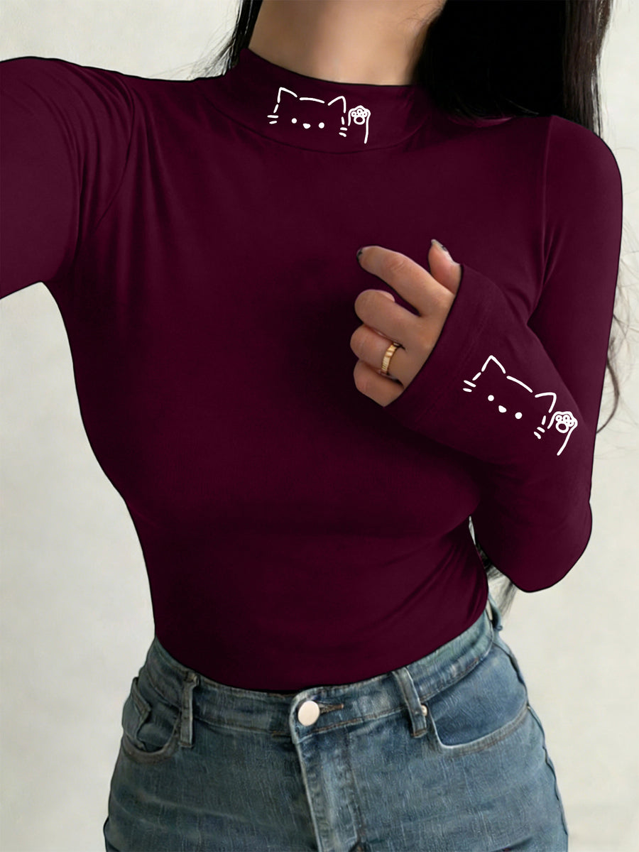 Y2K Niche Hand-painted Cat Print High-neck T-shirt, Simple Line Art Style, Fit, Sexy Long-sleeve Base Layer Top - Burgundy
