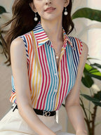 Elegant Women's Striped Sleeveless Blouse, Beach Vacation Shirt, Casual Commuter Style Vest - Stripe