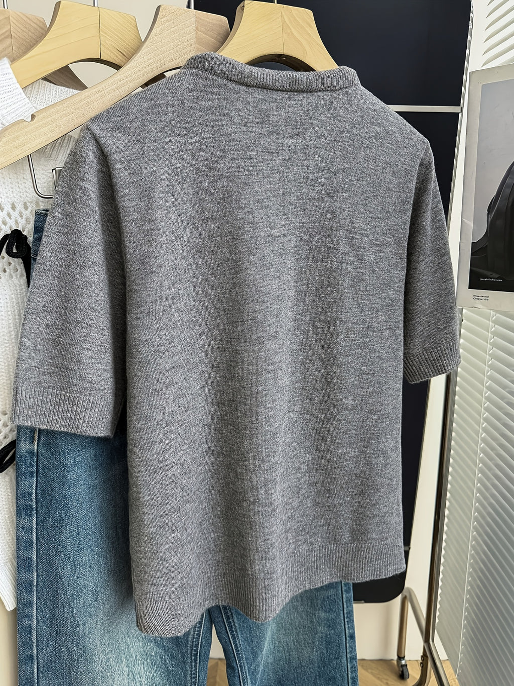 Gray Short-Sleeve Sweater with Scarf Bow Tie Collar - Round Neck Blouse-Compatible Suitable for Layering or Outerwear, Medium Stretch - Sweater for Commuting, Office & Casual Wear, Hand Washable Solid Color - Grey