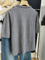 Gray Short-Sleeve Sweater with Scarf Bow Tie Collar - Round Neck Blouse-Compatible Suitable for Layering or Outerwear, Medium Stretch - Sweater for Commuting, Office & Casual Wear, Hand Washable Solid Color - Grey