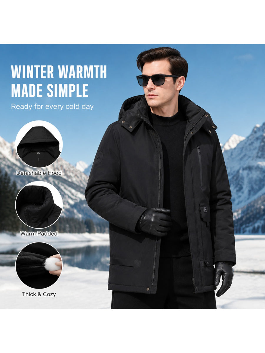 Men'S Winter Padded Coat Detachable Hood Thickened Warm Casual Jacket Long Sleeve Quilted Fleece Lined Insulated Outerwear Youth Style - Black