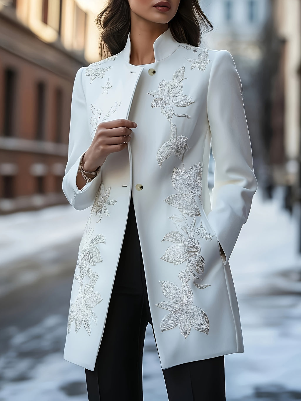 Women's Classic Floral Embroidered Jacket - Soft White H-Line Single-Breasted Coat, Machine Washable, Versatile for All Seasons, Casual and Business Wear, Stylish Layering Design, High-Quality Stitching, Exquisite Embroidered Overcoat, Office Attire - White