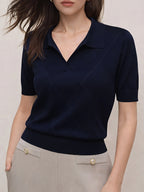 Women's Collar Rhombus Pattern Short Sleeve Top, Versatile Commuter Style for Spring and Summer - Navy Color