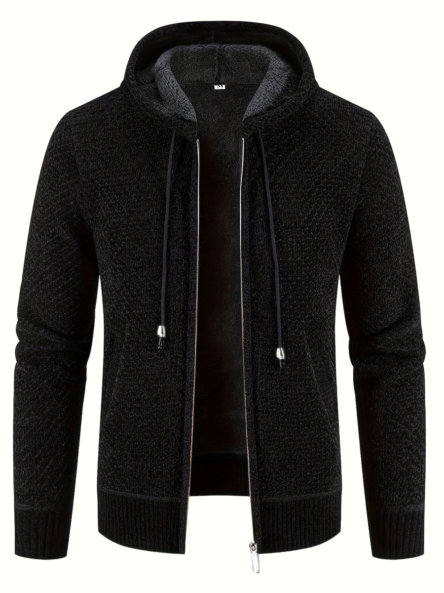 Men'S Premium Knit Cardigan Sweater, Chenille Fabric High Quality Hooded Thick Warm Sweater - Black 2