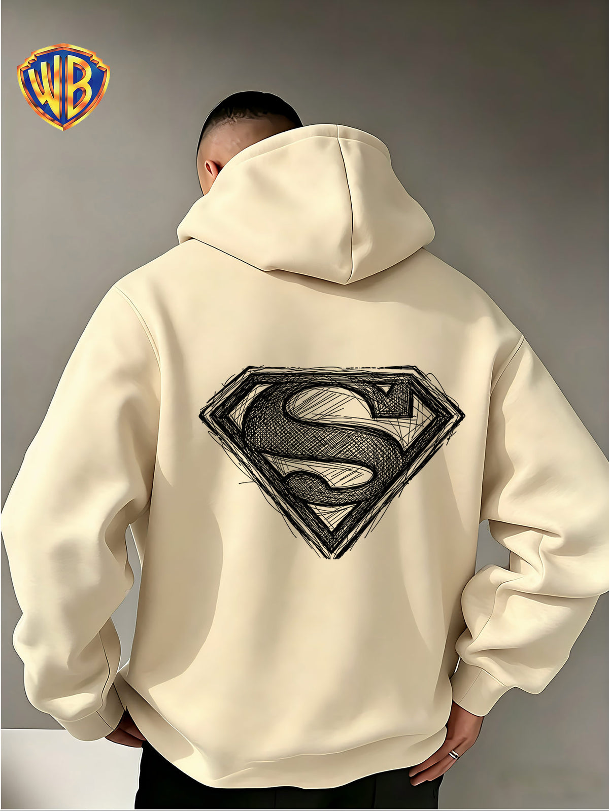 Warner Bros. Superman Sketch Print Hooded Sweatshirt, Men's Loose Fit Casual Top, Versatile and Comfortable Autumn/Winter Sweatshirt - Apricot