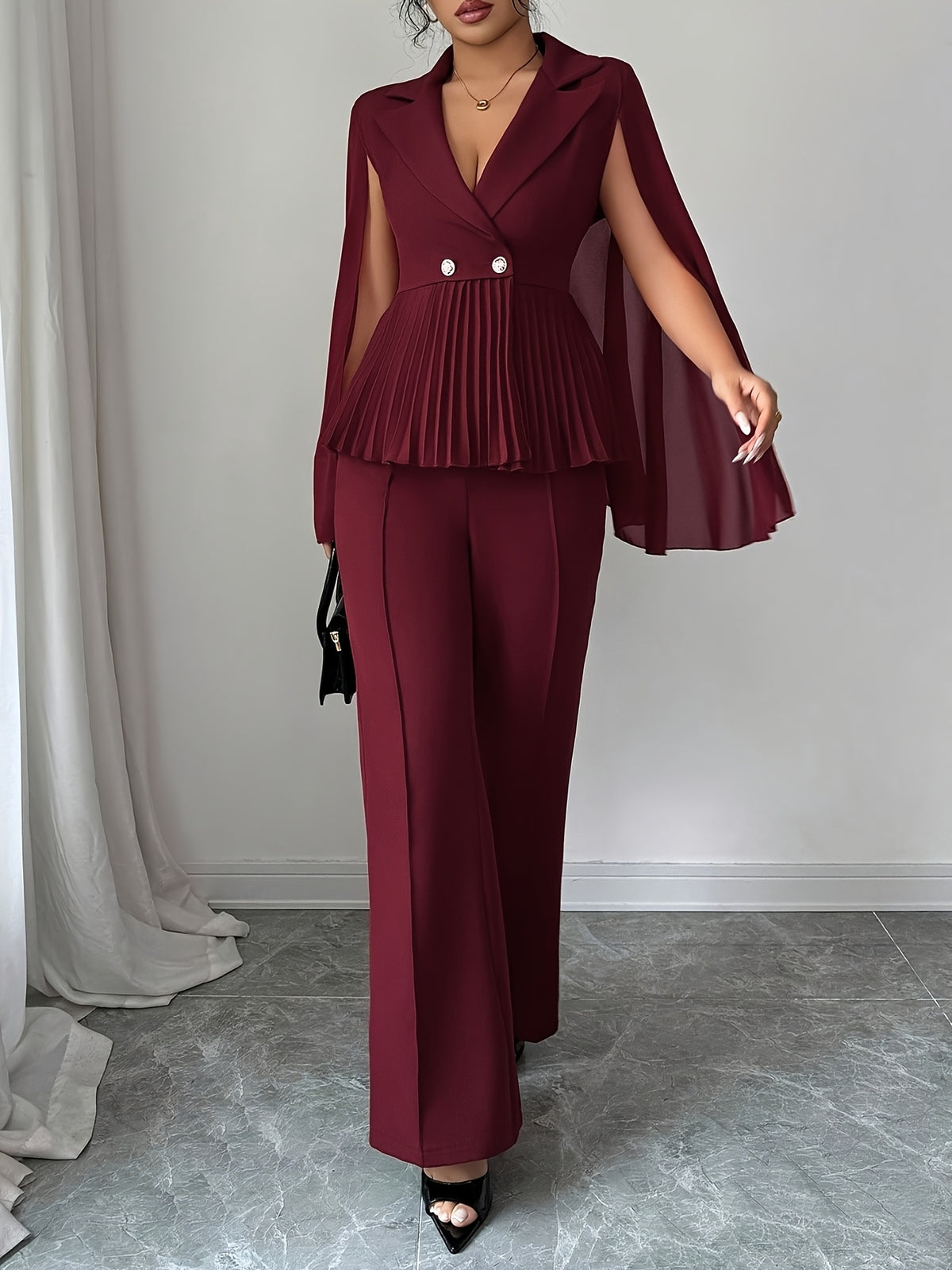 Elegant Chiffon Shawl-style Sleeveless Fitted Blazer with Metal Decorative Buttons + Women's Casual Burgundy Flared Pants, Suitable for Spring/summer Wear - Burgundy