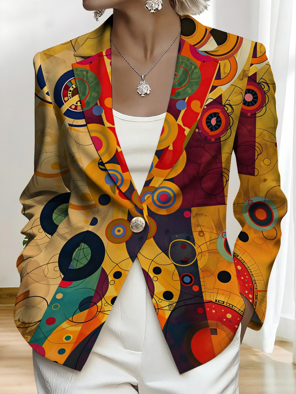 This Stylish And Elegant Women'S Blazer Is Designed Specifically for Spring And Autumn. As a Versatile Lapel Jacket, It Is Suitable for a Wide Range of Occasions, Offering a Look That Is Both Creative And Highly Fashionable - Red on yellow background