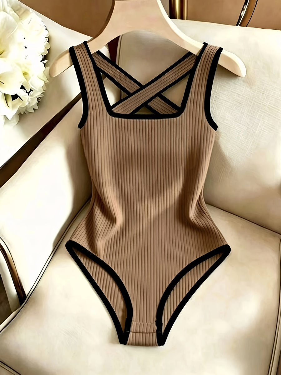 Sleeveless -Line Bodysuit - Solid Color Ribbed Suitable for Spring Summer Style Matching Top | Criss-Cross Back Square Neck Contrast Binding | Machine Washable Figure-Hugging Bodysuit for Daily Wear & Commuting - Khaki