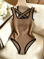 Sleeveless -Line Bodysuit - Solid Color Ribbed Suitable for Spring Summer Style Matching Top | Criss-Cross Back Square Neck Contrast Binding | Machine Washable Figure-Hugging Bodysuit for Daily Wear & Commuting - Khaki