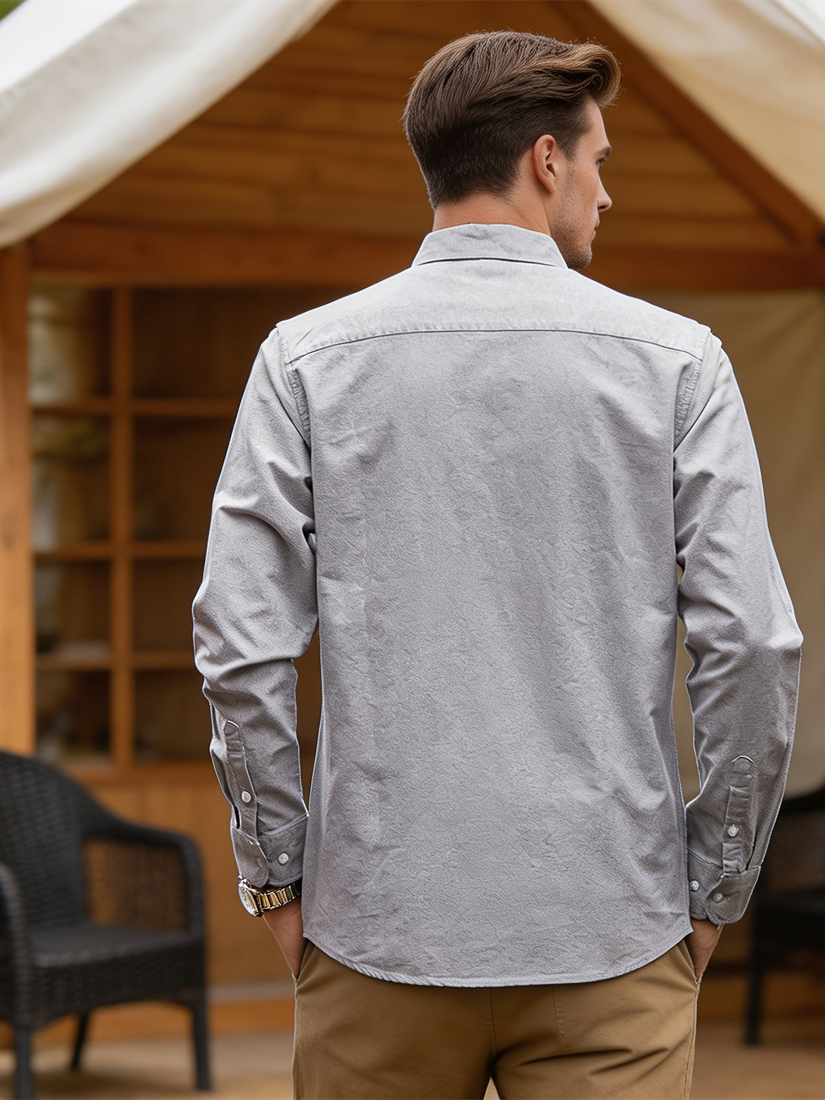 Spring/Autumn Men'S Oxford Cloth Collared Shirt, Individual Chest Print Long Sleeve Blouse, Slimming Outdoor Casual Top, Youth Versatile Commute Light Business Men'S Basic Shirt - Grey