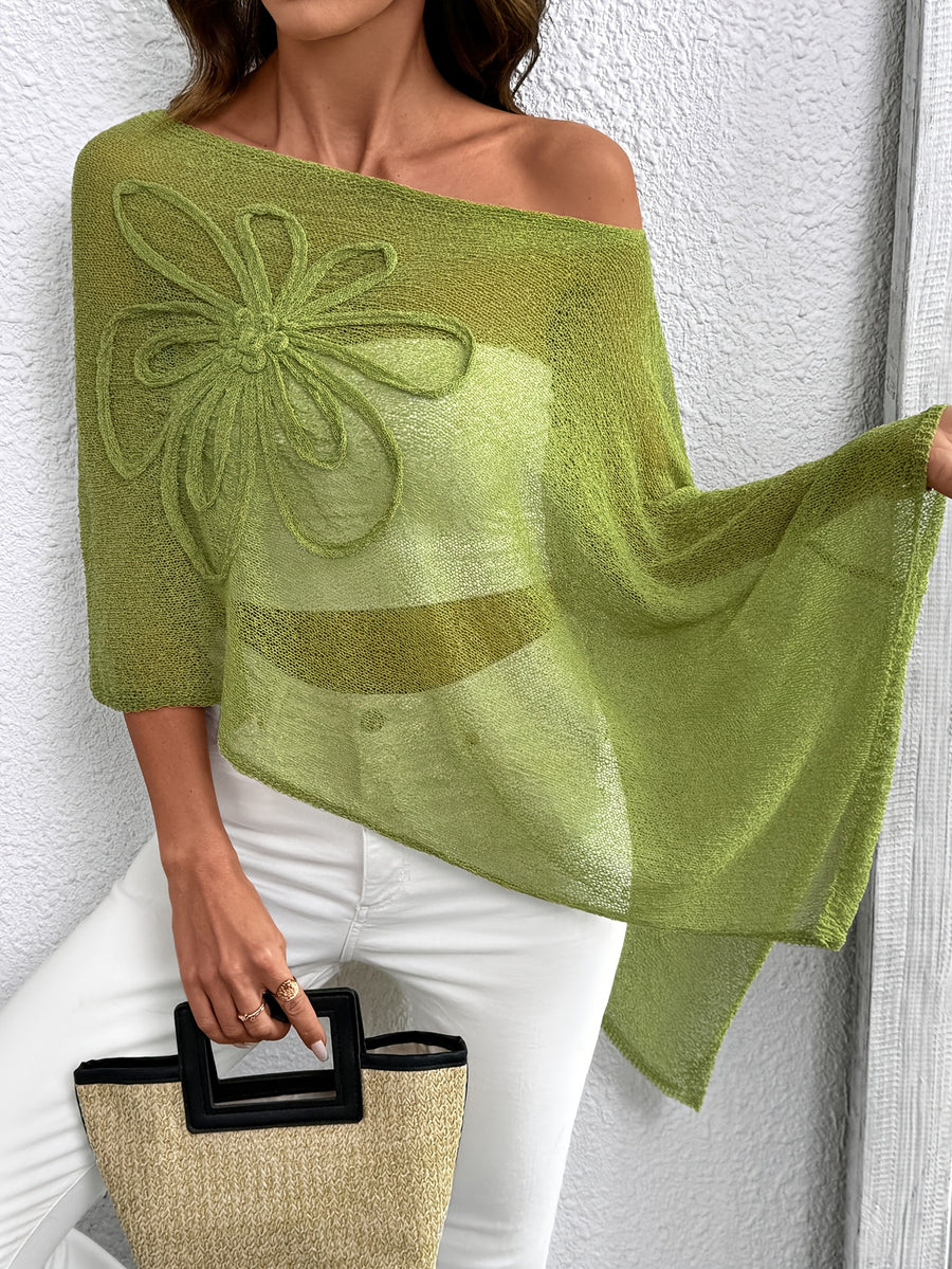 Solid Color Asymmetrical Design Cape-Style Casual Large Round Neck Women's Top - Green